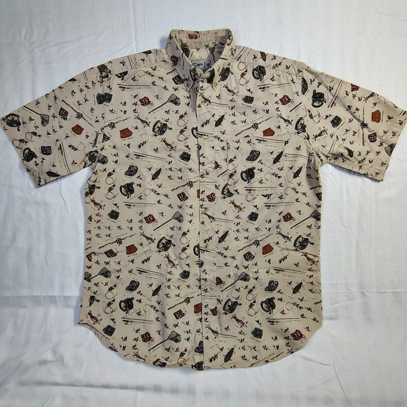 Bimini Bay Outfitters LTD Other - Bimini Bay Outfitters Mens Fly Fishing Print Short Sleeve Button Down Shirt Tan